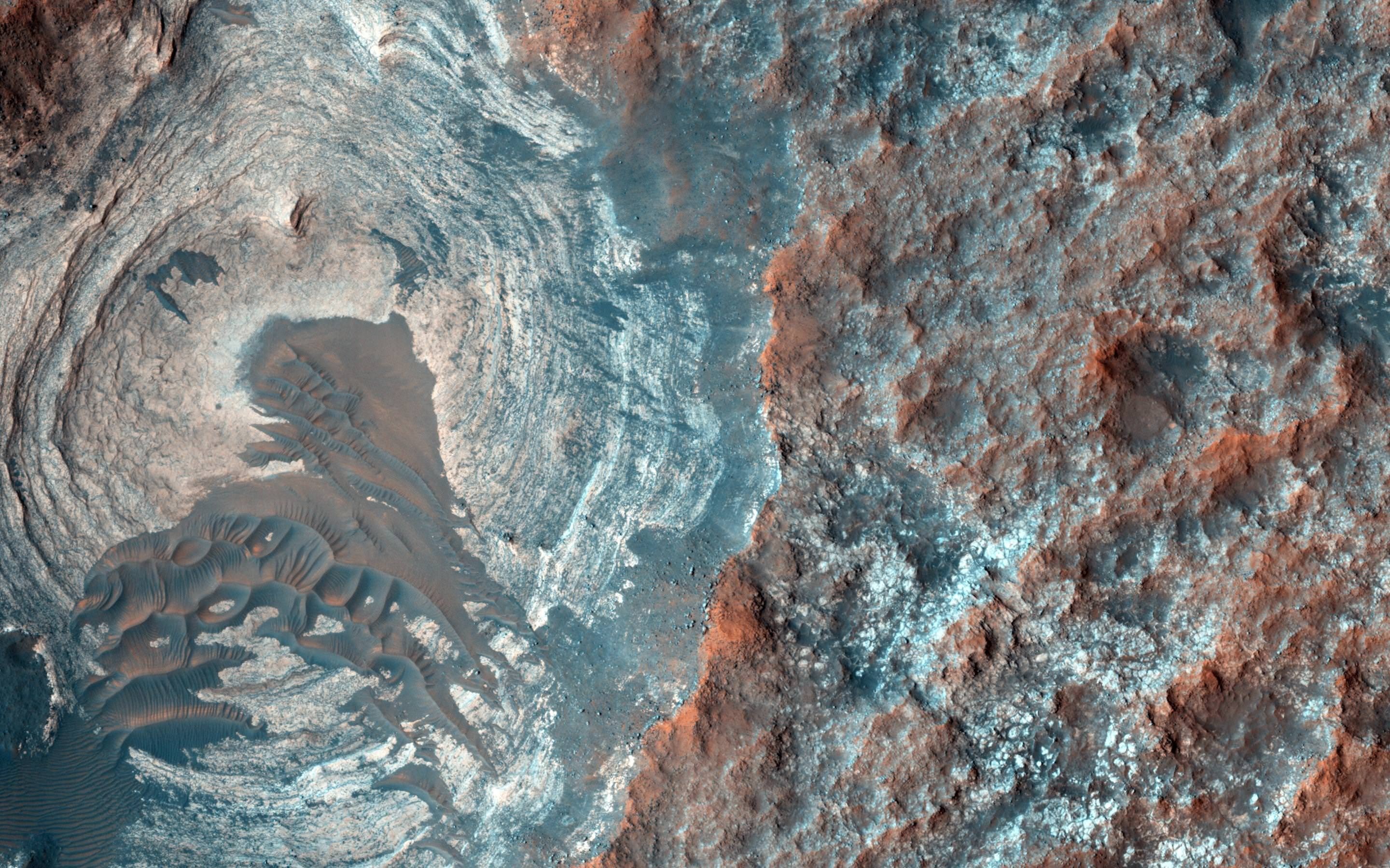 NASA Mars terrain with layered rock formations and sand dunes HD Wallpaper