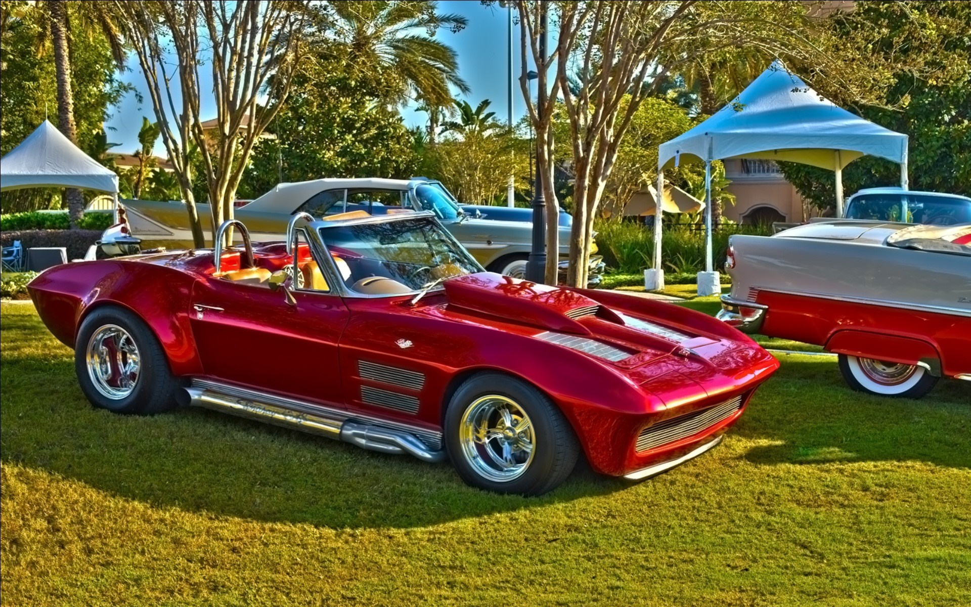 Red Chevrolet Corvette convertible with custom hood scoop HD Wallpaper