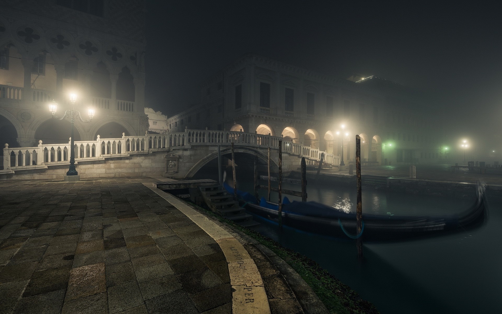 Venice canal at night with gondola and fog HD Wallpaper
