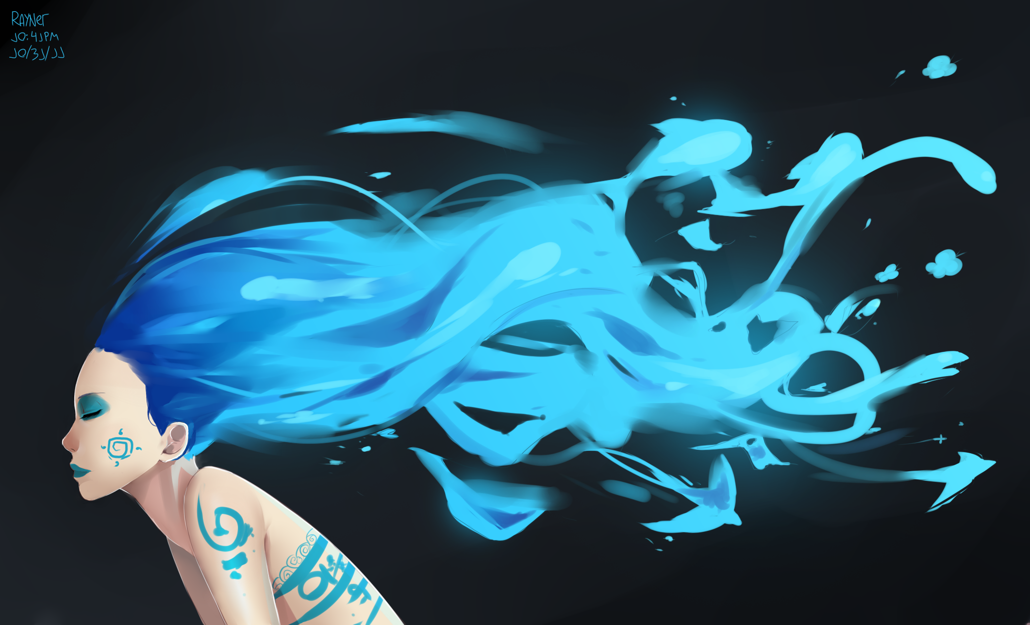 Woman with blue glowing hair and body paint HD Wallpaper