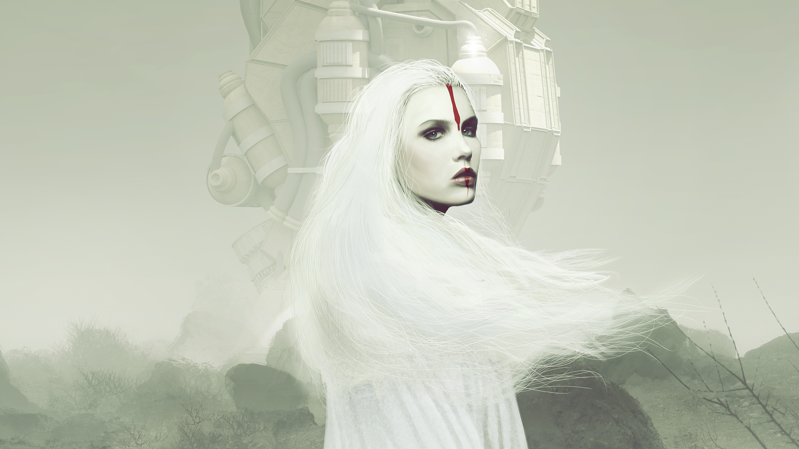 Woman with white hair and red markings on face HD Wallpaper