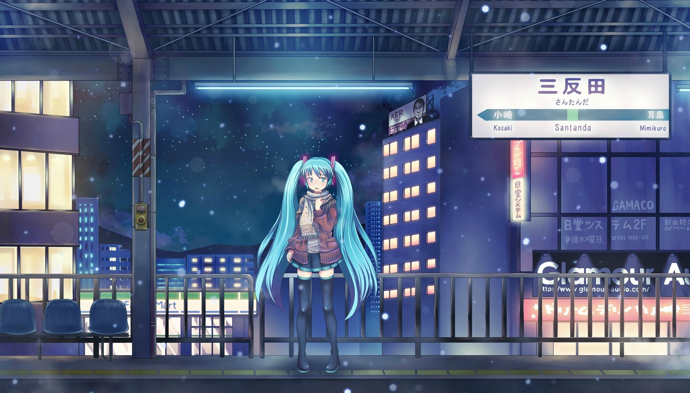 Hatsune Miku at Santanda Station at Night HD Wallpaper