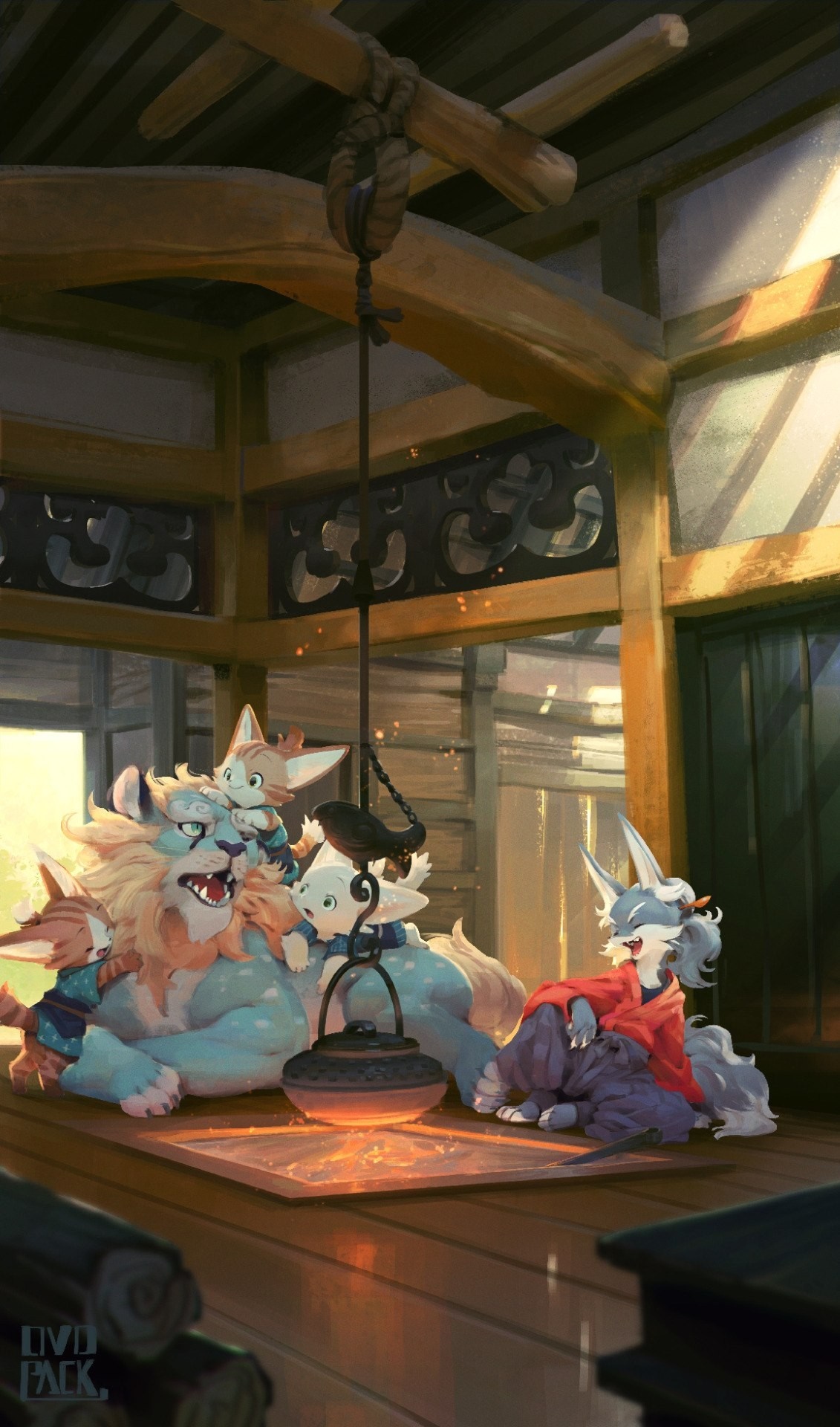 Furry family gathered around a kettle in a traditional Japanese room HD Wallpaper