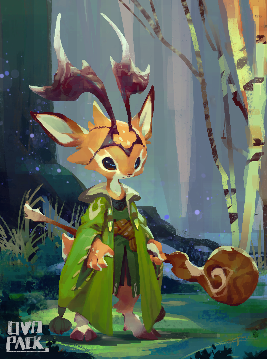 Deer-like creature with antlers and green cloak holding a staff HD Wallpaper