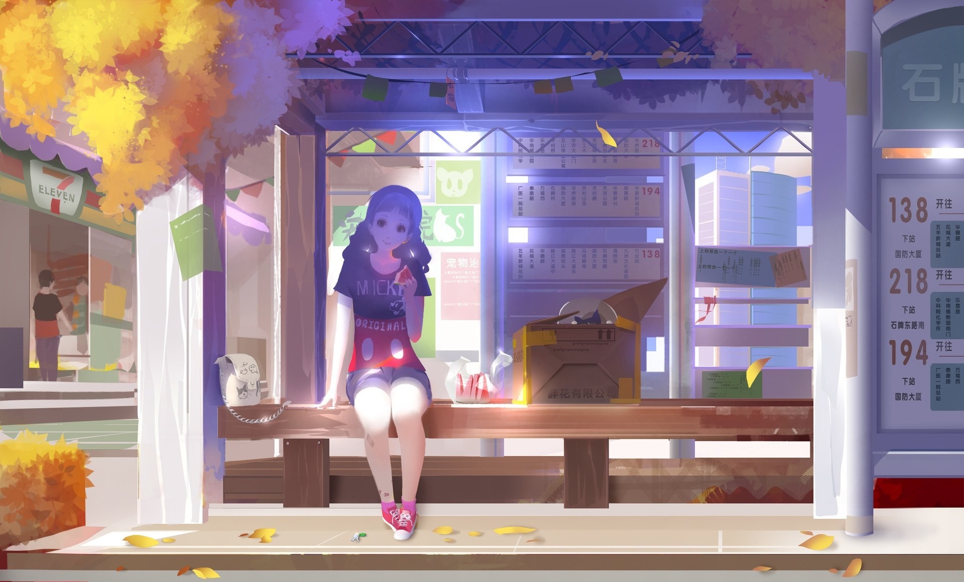 Girl in Mickey Mouse shirt at bus stop HD Wallpaper