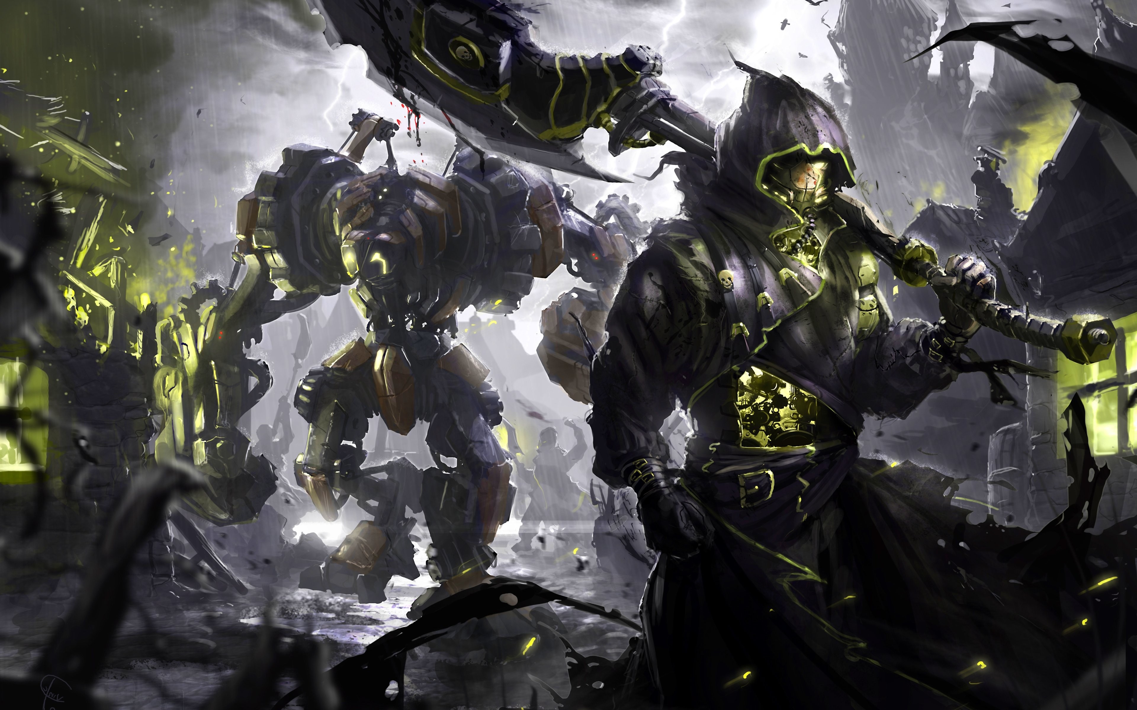 Grim Reaper with a Mecha Robot in a Ruined City HD Wallpaper