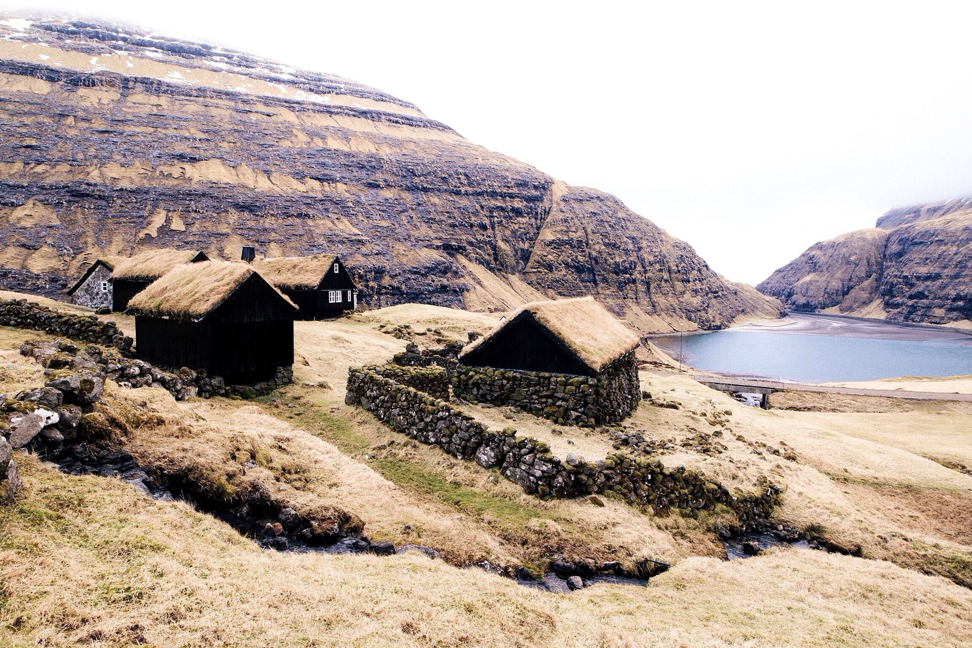 Traditional turf-roofed houses by a lake in a mountainous landscape HD Wallpaper