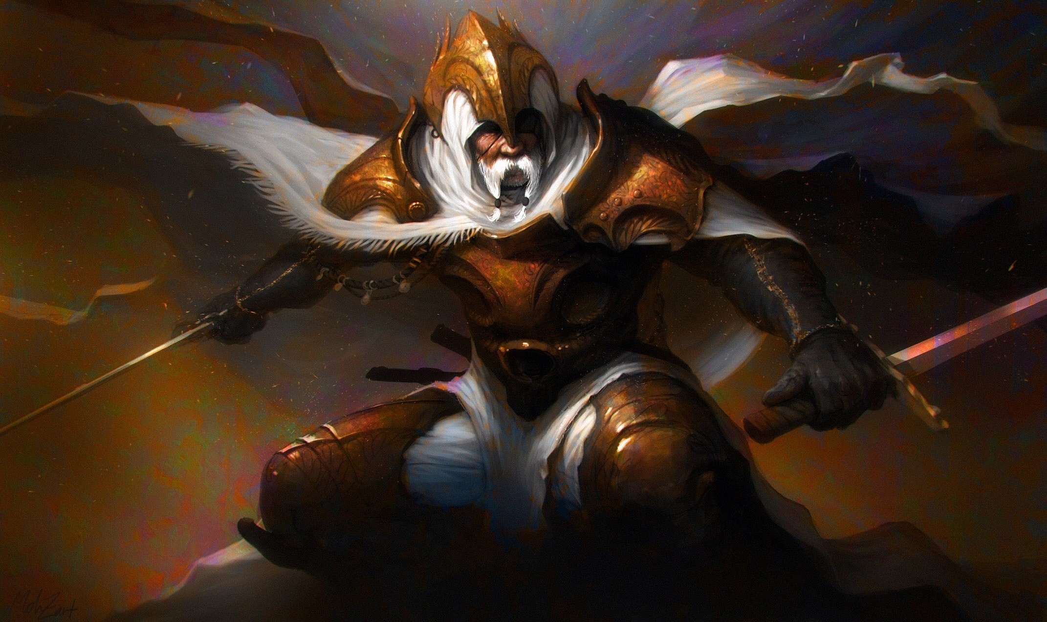 Warrior in golden armor with swords HD Wallpaper