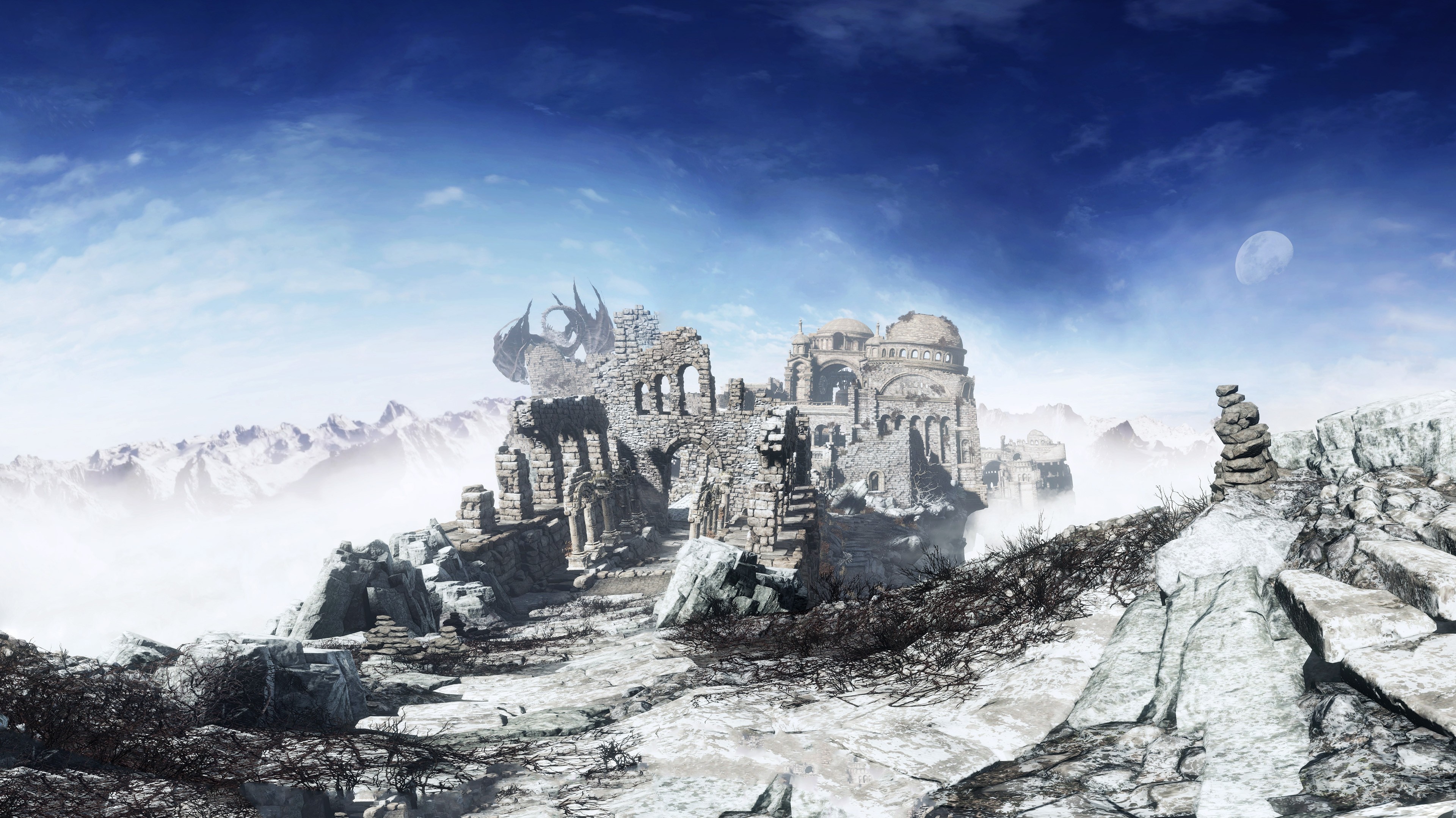 Ruined castle on a snowy mountain in Dark Souls III HD Wallpaper