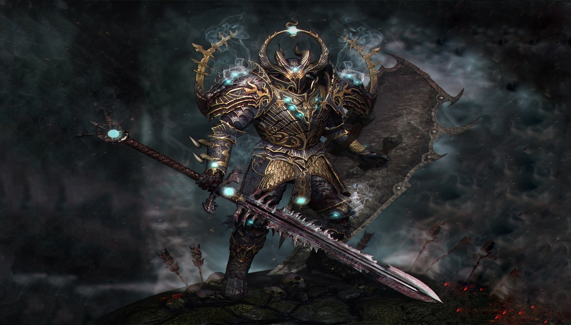 Warrior in ornate armor holding a large sword HD Wallpaper