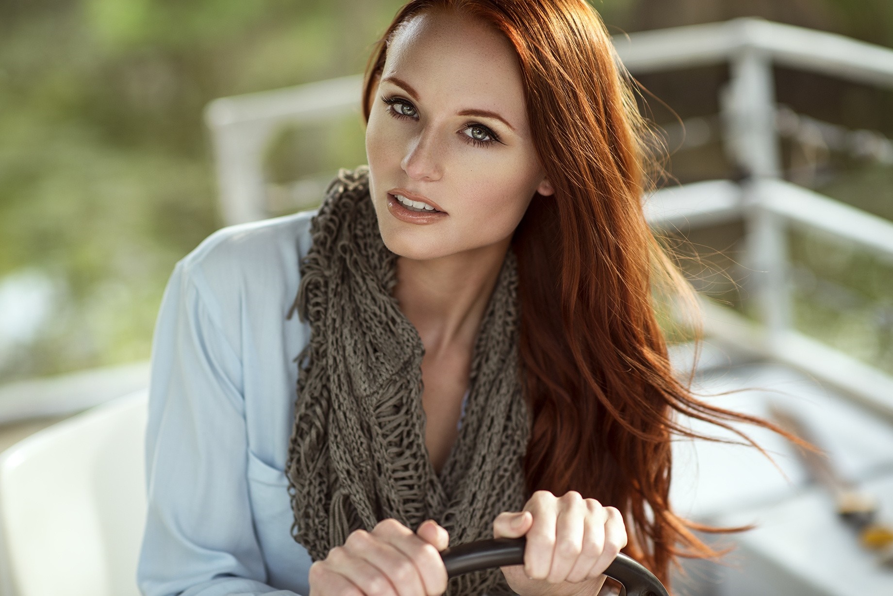 Redhead woman wearing a scarf and blue shirt HD Wallpaper