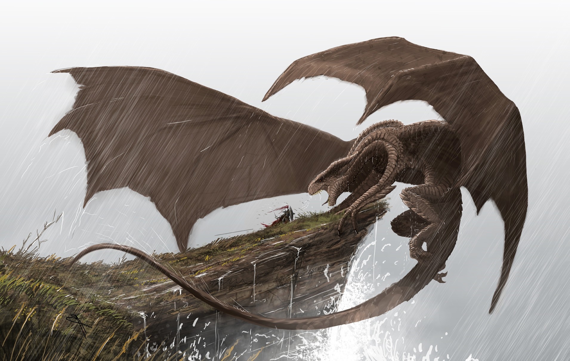 Dragon and knight in a rainy landscape HD Wallpaper