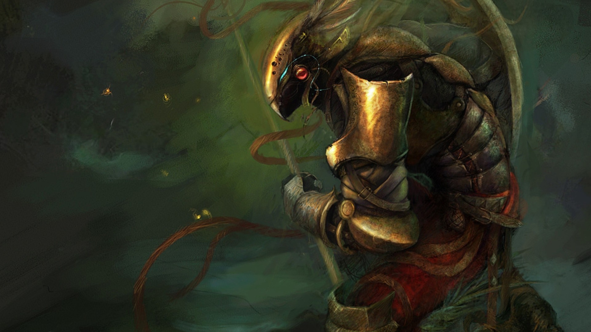 Fantasy warrior in ornate armor with red eyes HD Wallpaper