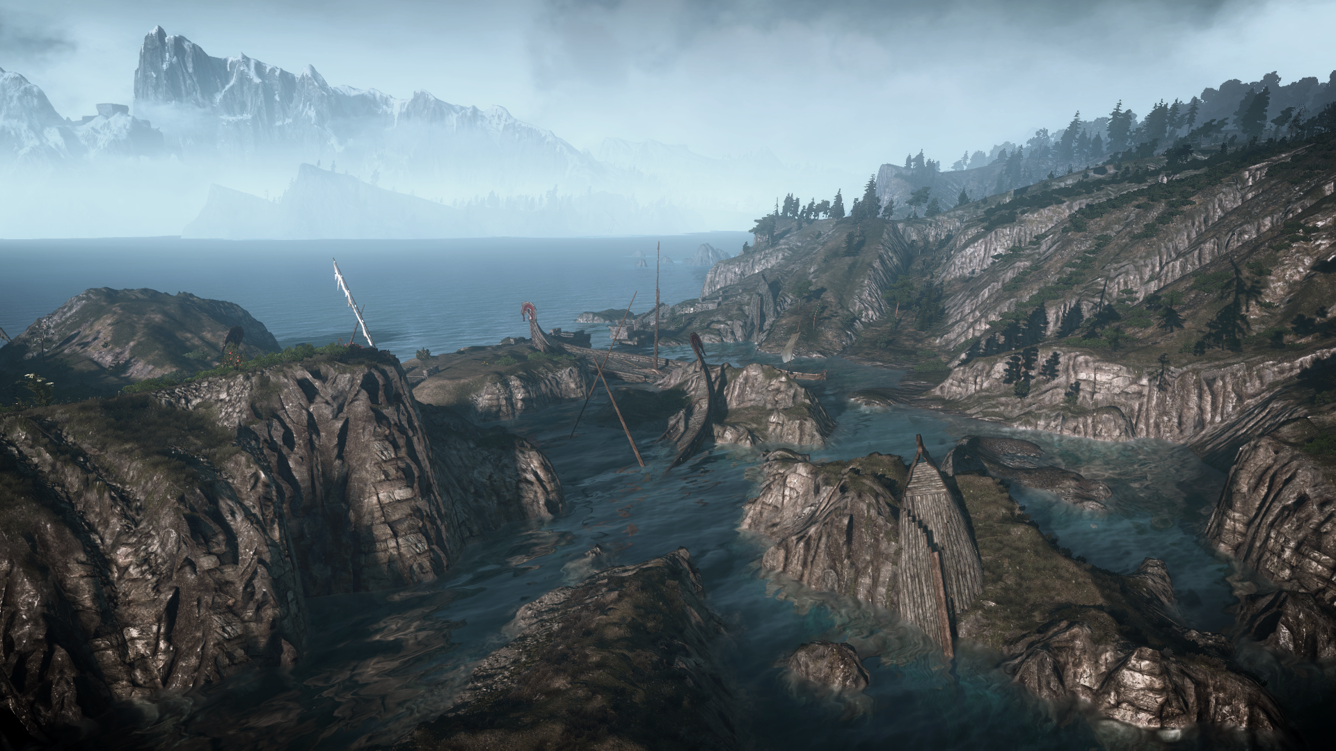 Shipwrecks in a rocky fjord with mountains in the background HD Wallpaper