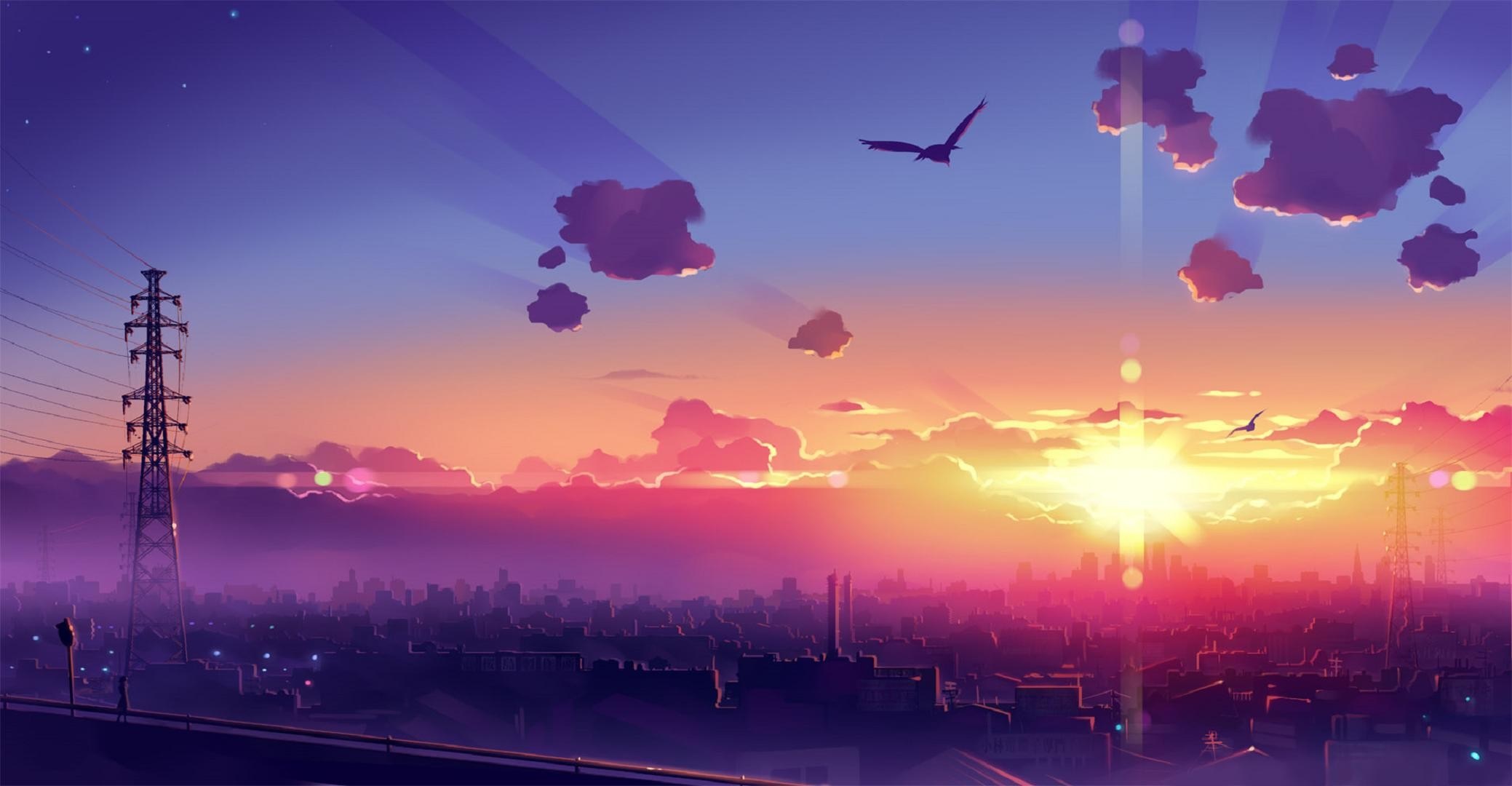 Anime city skyline at sunset with birds flying HD Wallpaper