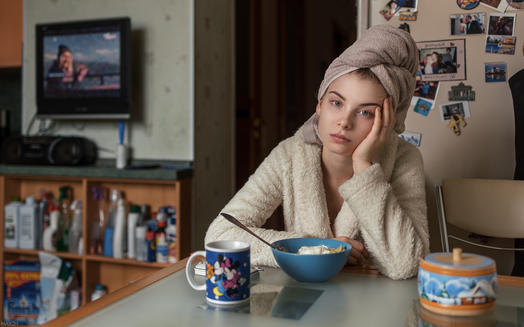 Woman in bathrobe and towel eating breakfast HD Wallpaper