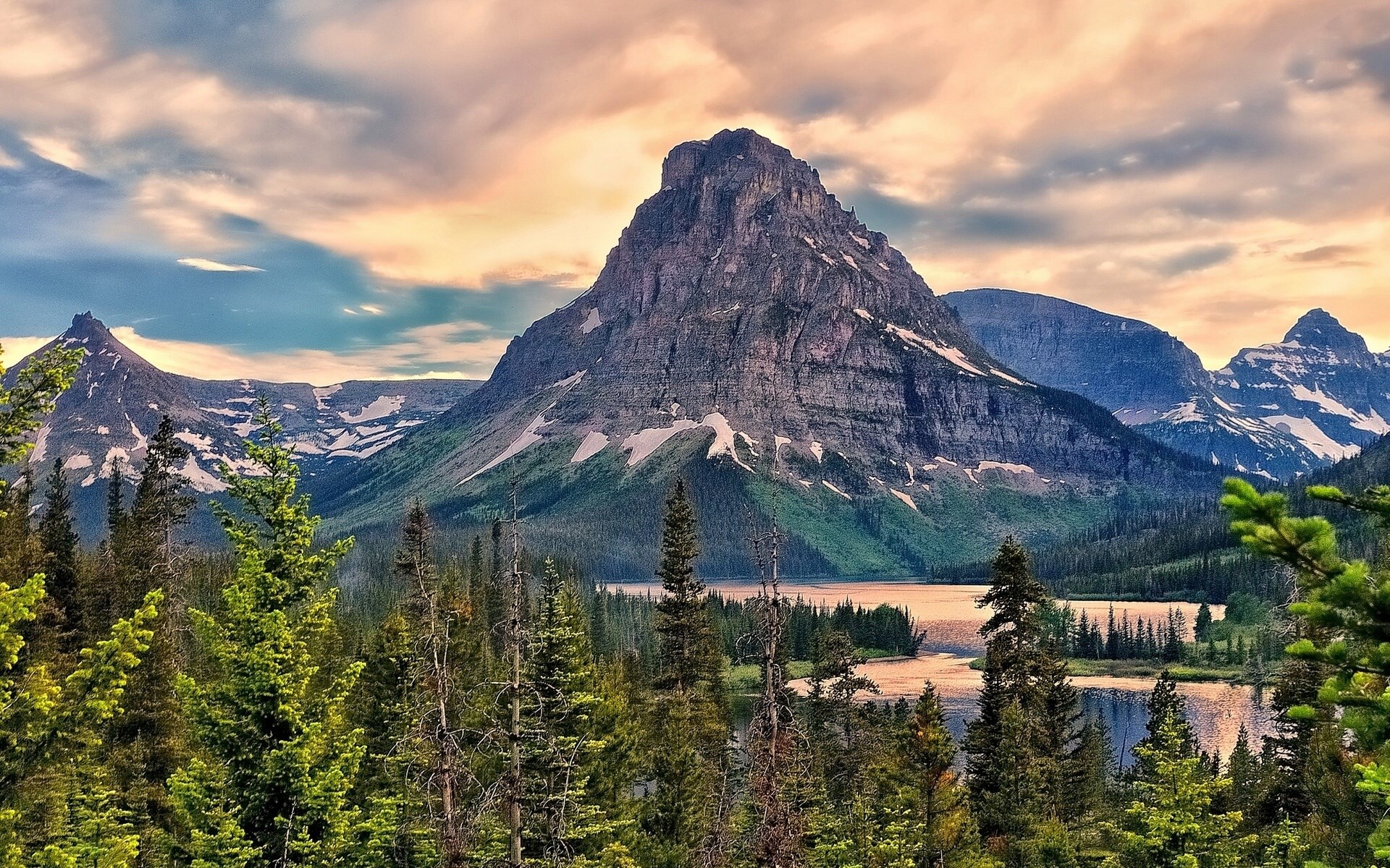 Mountain lake with pine trees and cloudy sky HD Wallpaper