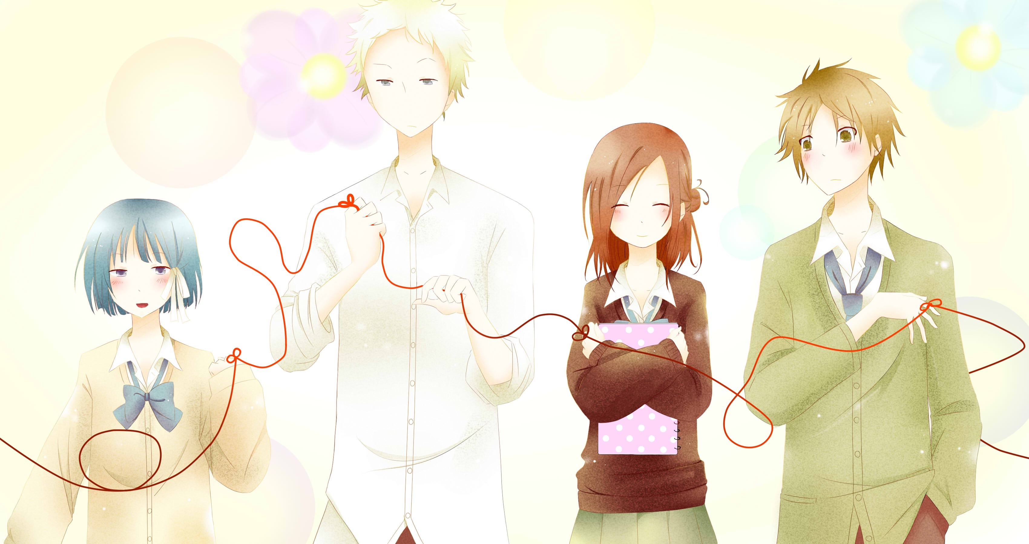 Four friends connected by red string, Isshuukan Friends HD Wallpaper