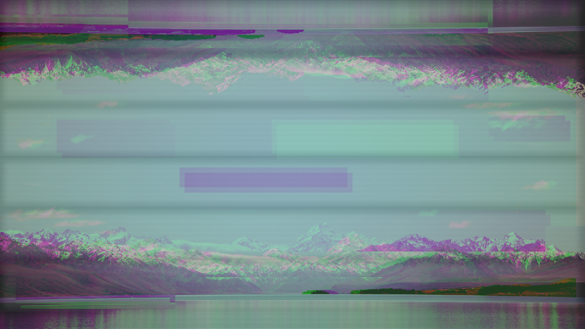 Glitch art landscape with mountains and lake HD Wallpaper
