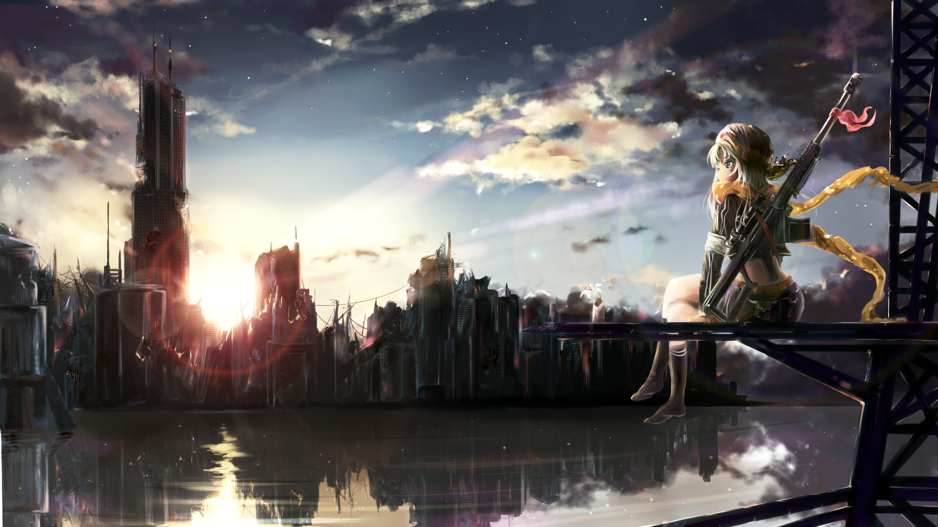 Anime girl with rifle overlooking ruined city at sunset HD Wallpaper