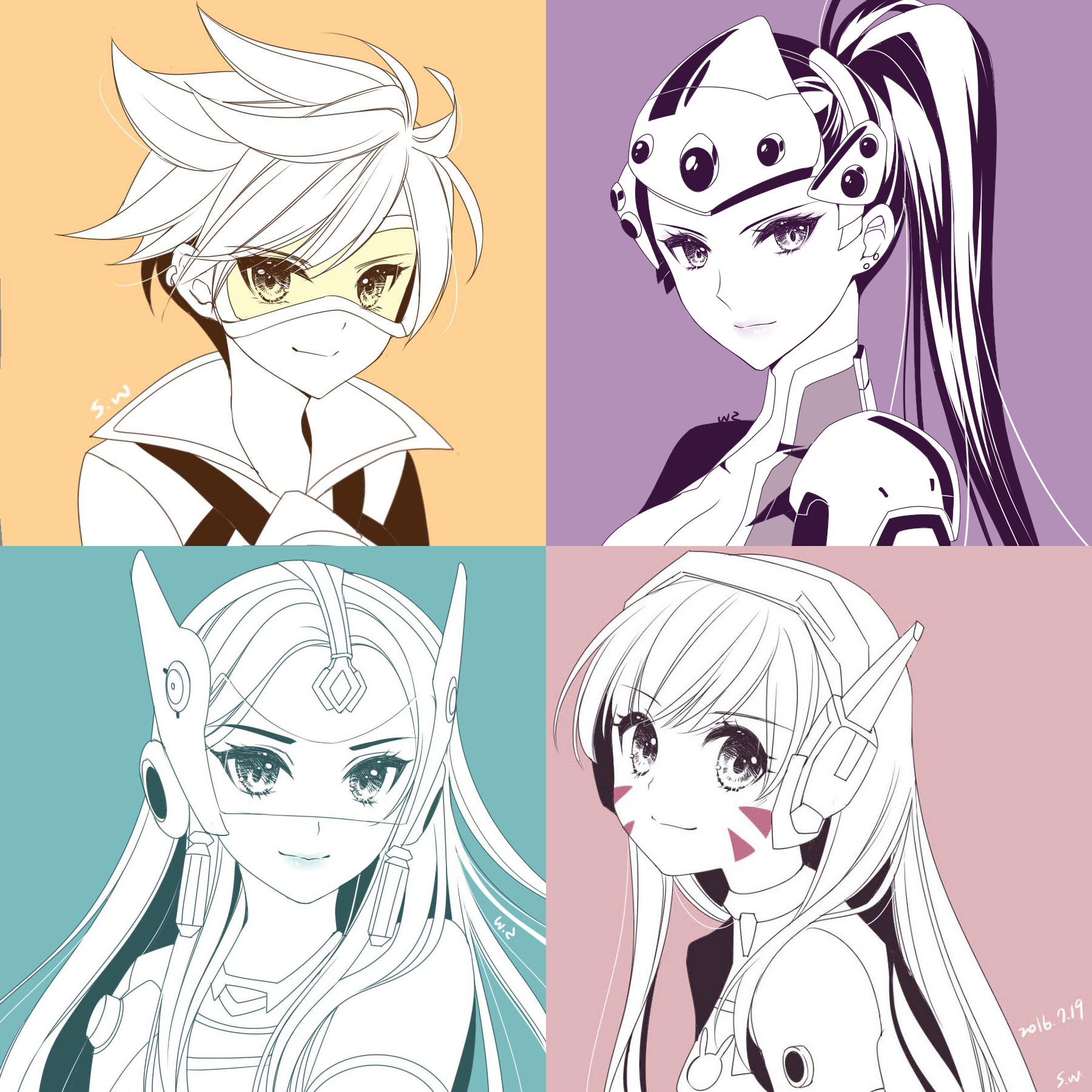Overwatch characters Tracer, Widowmaker, Symmetra, and D.Va in anime style HD Wallpaper