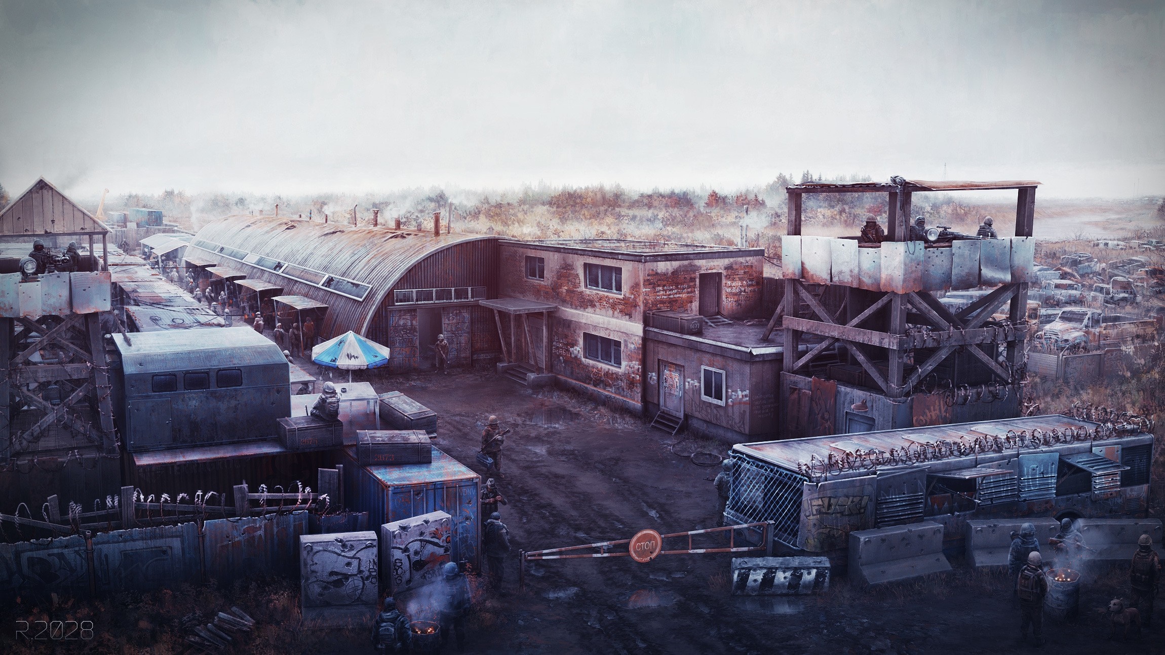 Apocalyptic military outpost with soldiers and vehicles HD Wallpaper