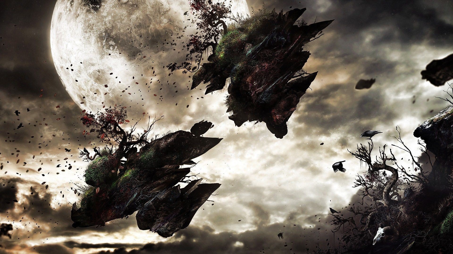 Floating islands and a large moon in a cloudy sky HD Wallpaper