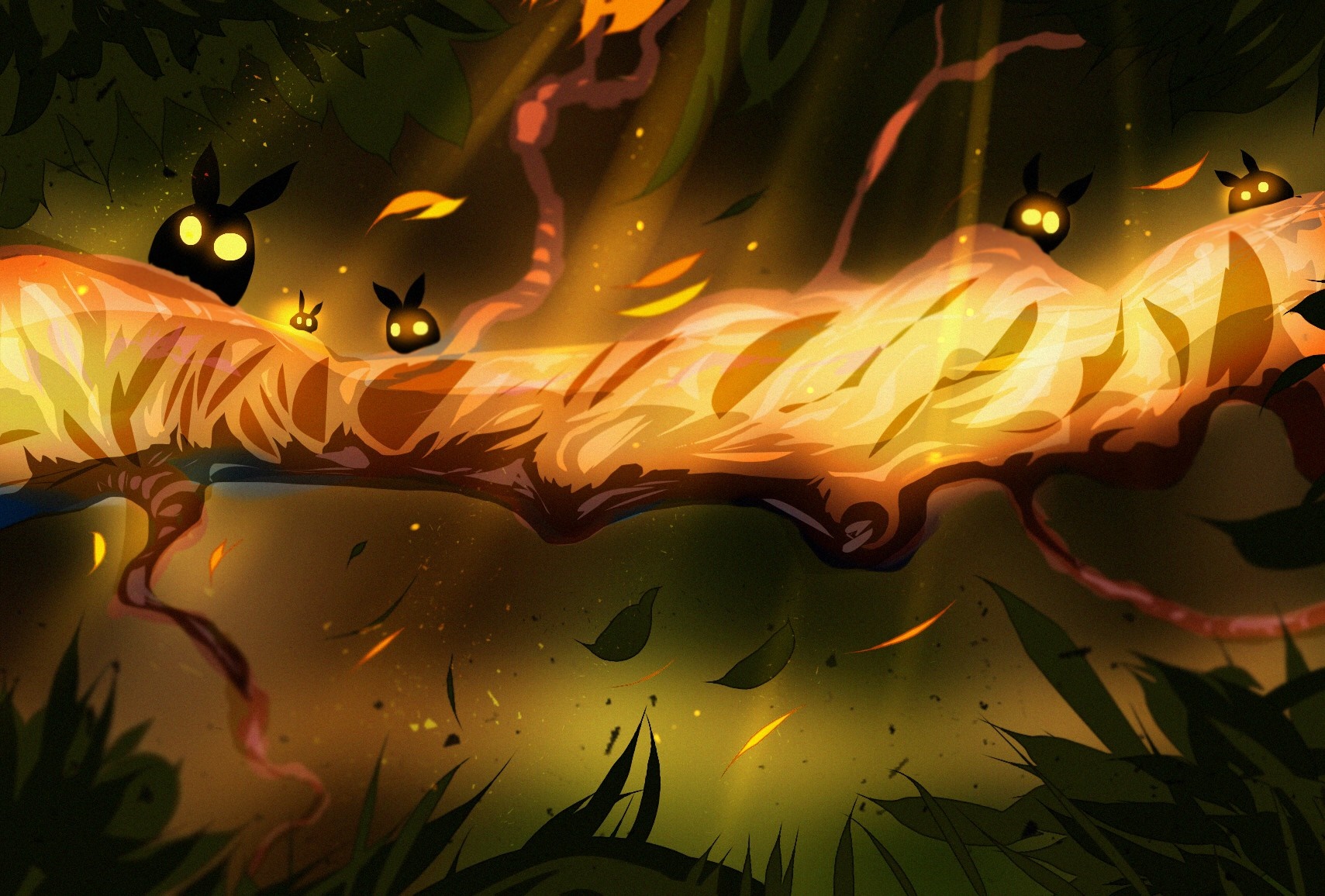 Illustration of glowing creatures on a fiery branch in a jungle HD Wallpaper