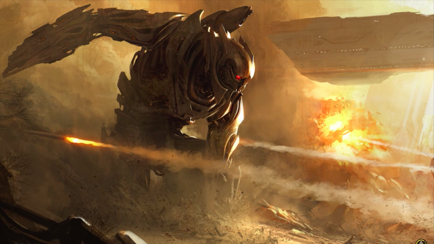 Giant mech in battle with explosions and spacecraft HD Wallpaper