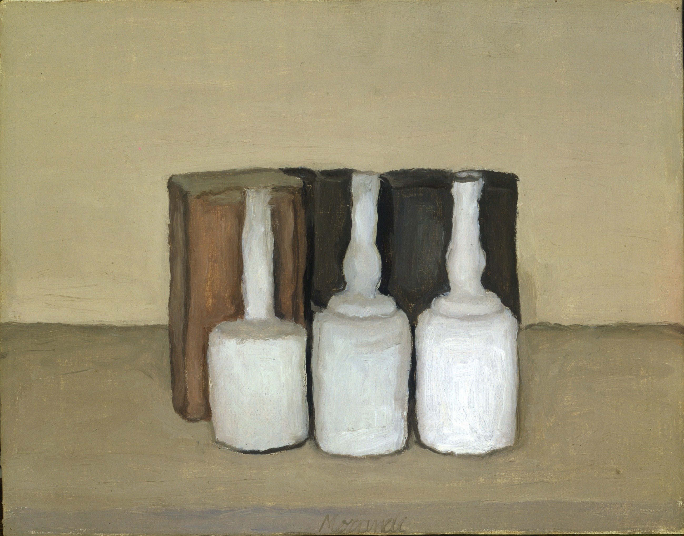 Still life painting of three white jars by Giorgio Morandi HD Wallpaper