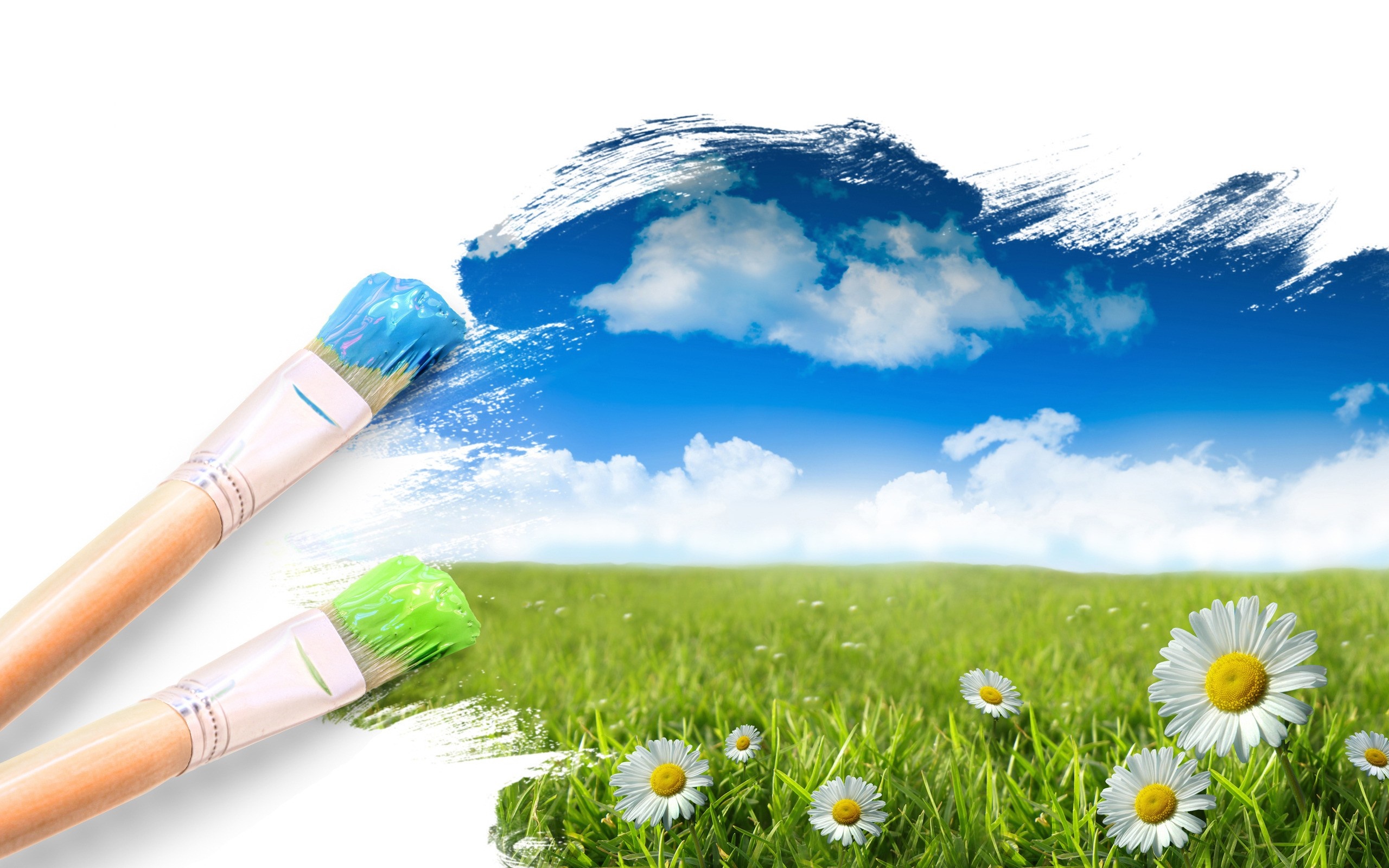 Paintbrushes painting a landscape with clouds and flowers HD Wallpaper