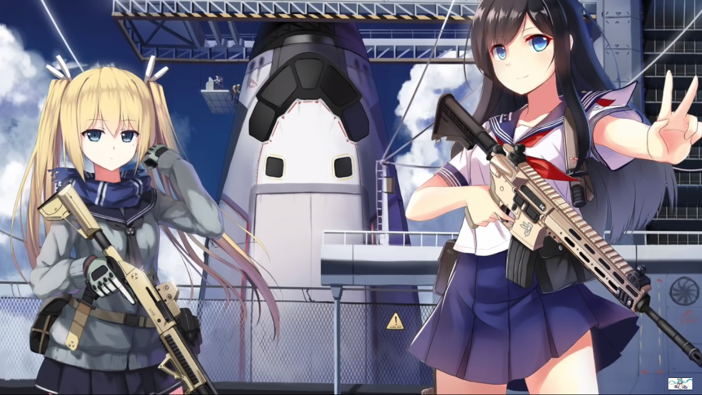 Anime girls with guns in front of a rocket HD Wallpaper