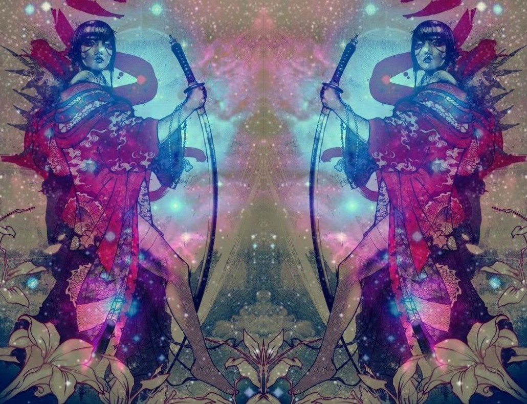 Psychedelic Space Art with Samurai Woman and Katana HD Wallpaper