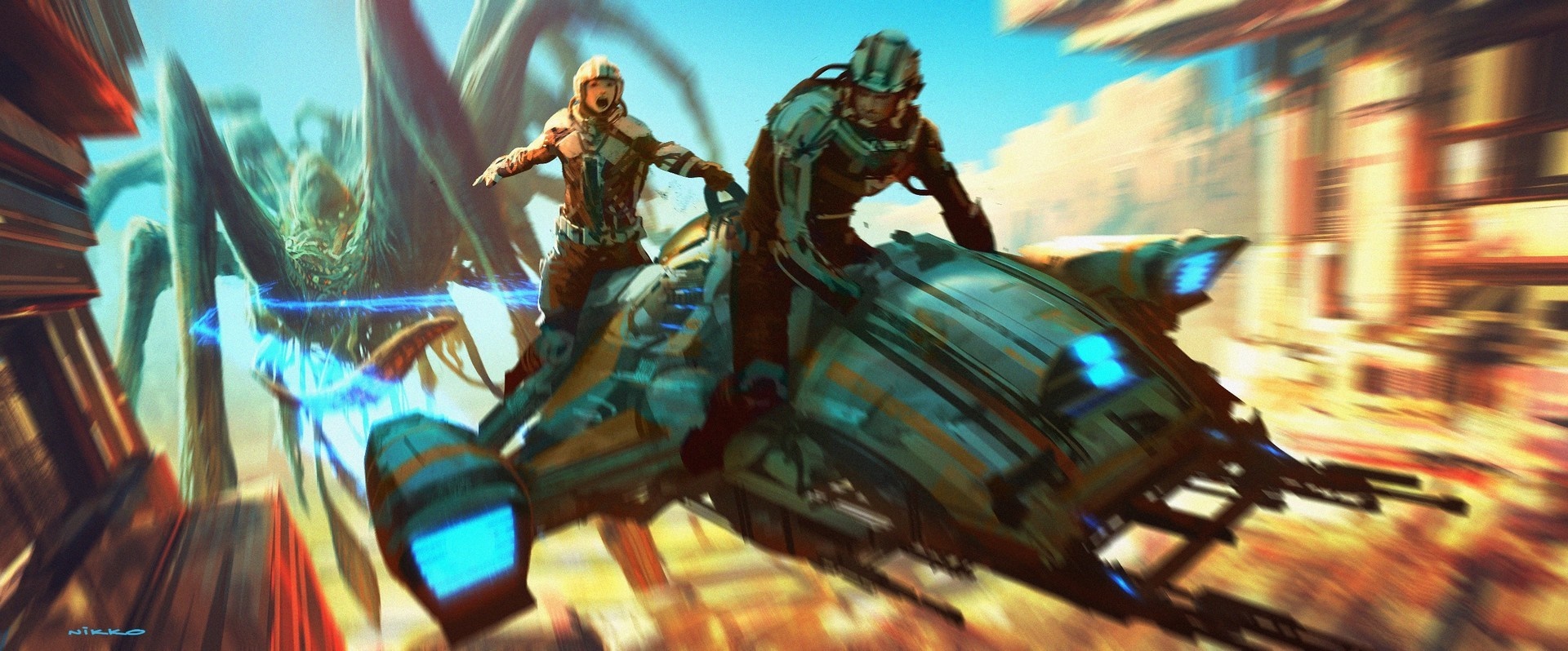 Two people riding a hovercraft pursued by a giant spider creature HD Wallpaper