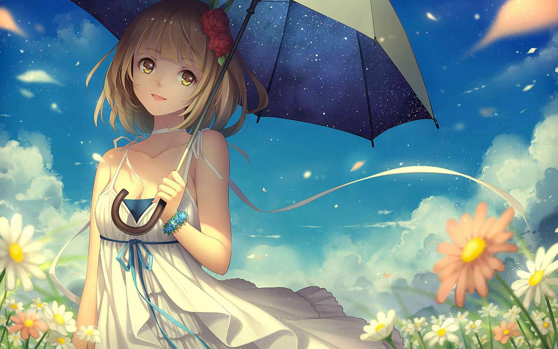 Anime girl with umbrella in a field of flowers HD Wallpaper