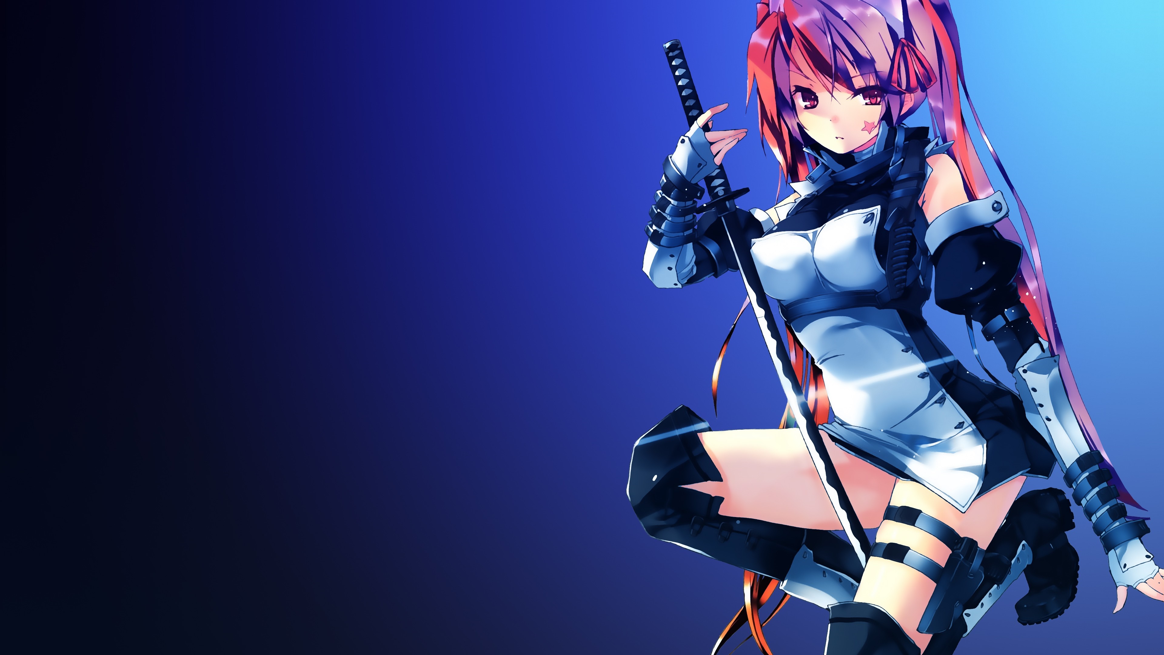 Anime girl with katana on blue background HD Wallpaper