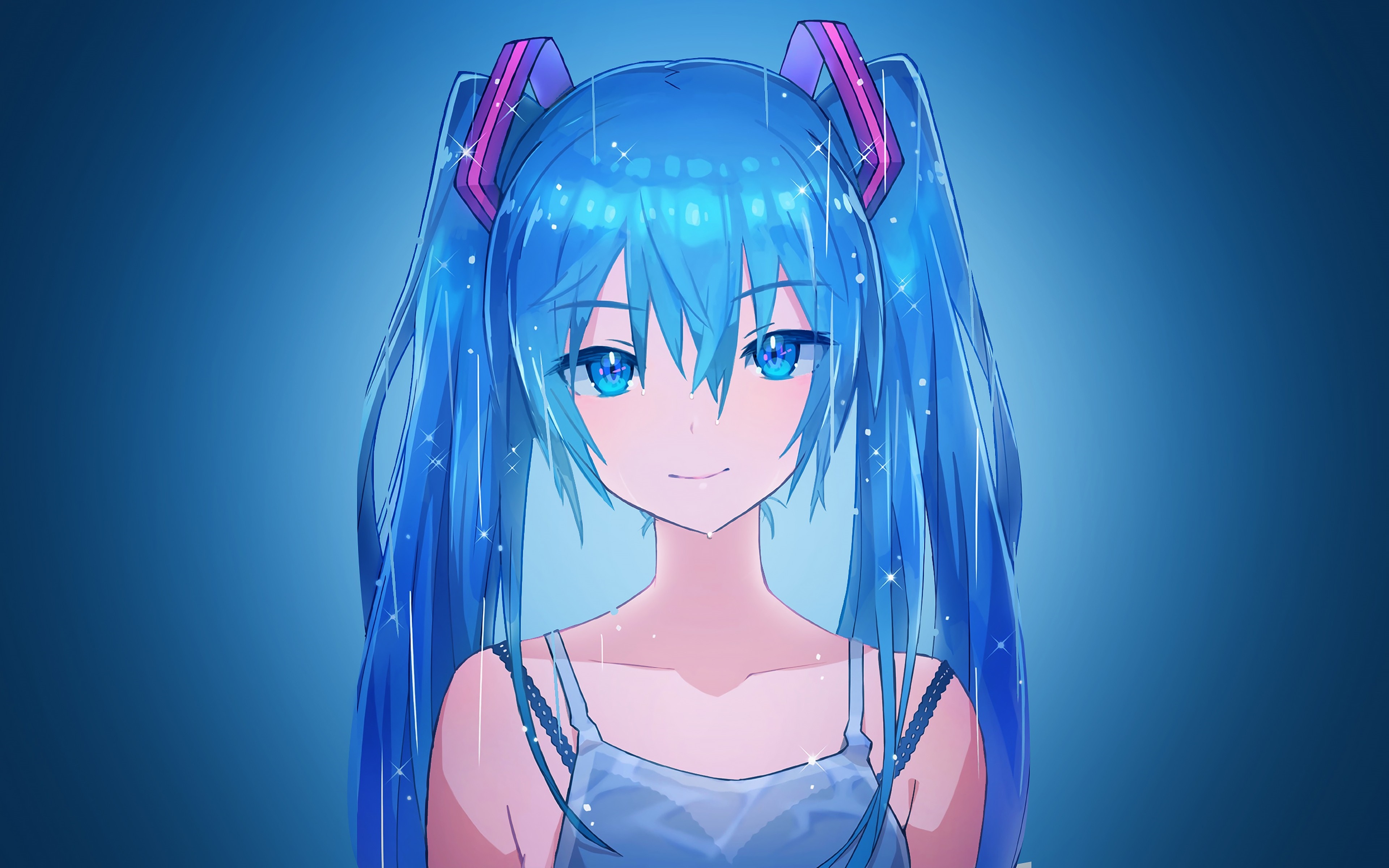 Hatsune Miku illustration with blue background HD Wallpaper