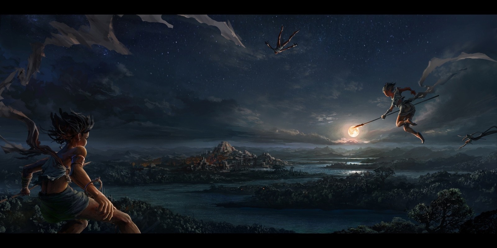 Fantasy art of figures flying over a city at night HD Wallpaper
