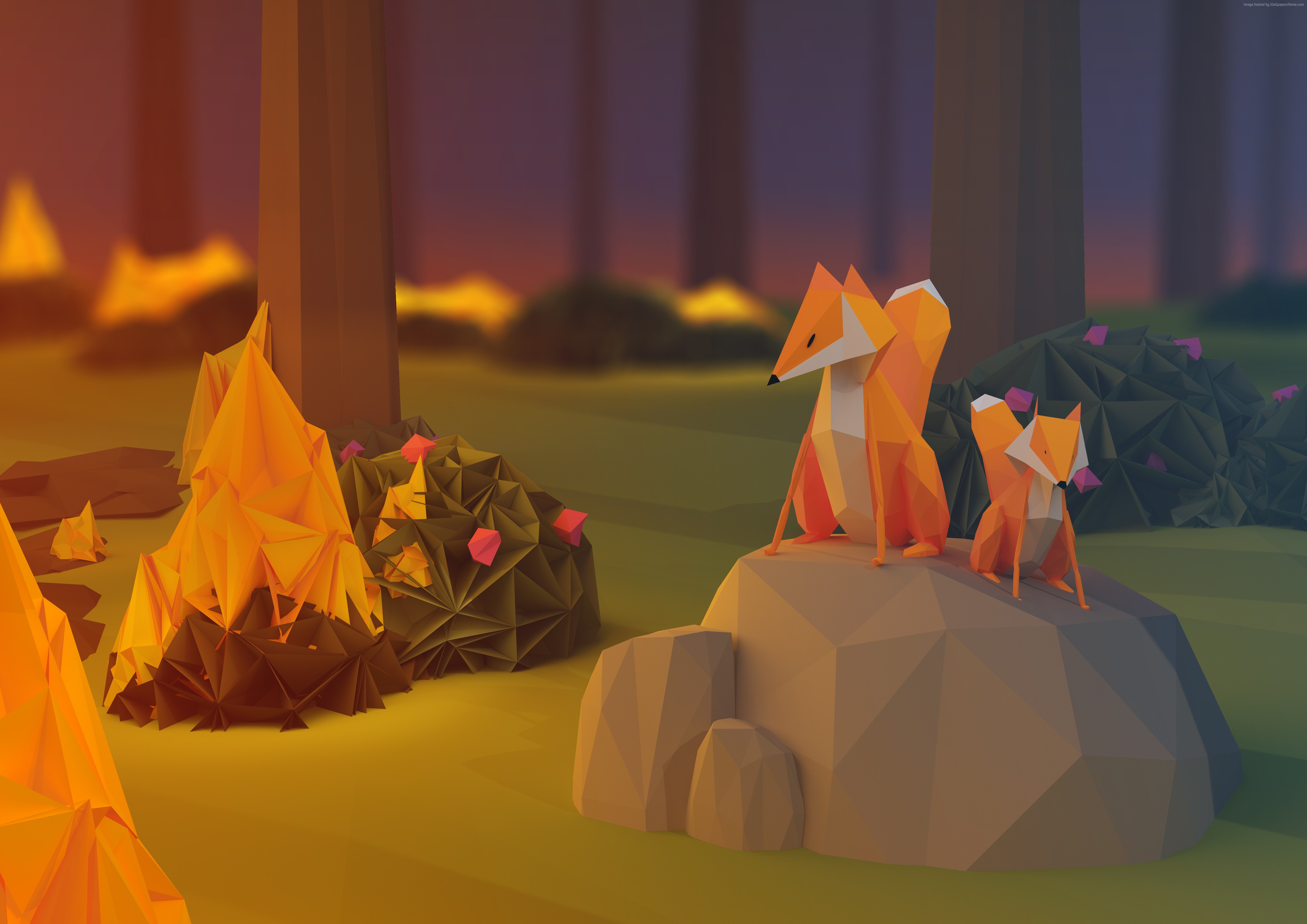 Low poly foxes in a polygonal forest HD Wallpaper