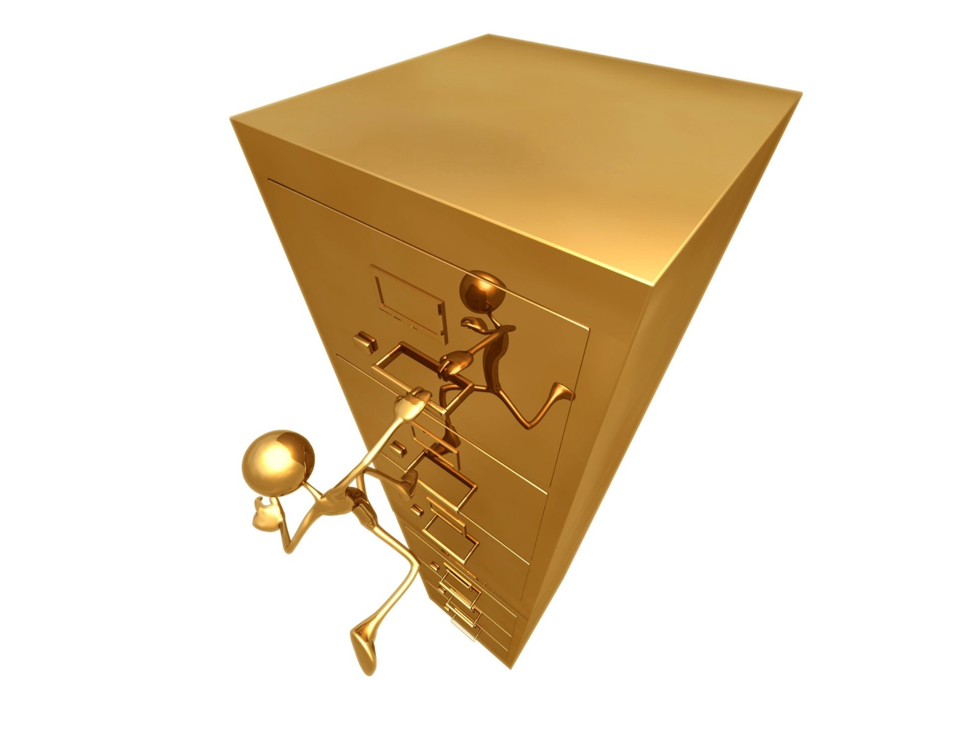 Gold figures climbing a gold filing cabinet HD Wallpaper