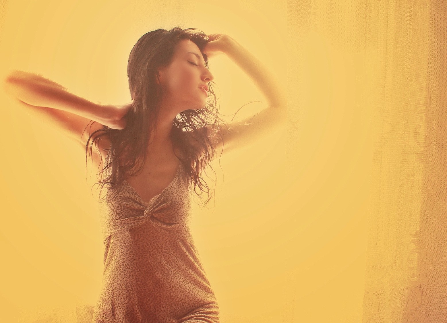 Woman with long brown hair in a dress HD Wallpaper