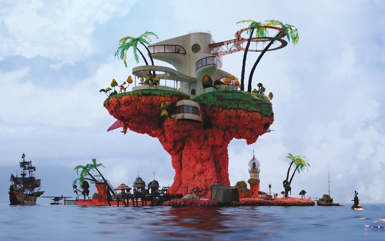 Gorillaz island with pirate ship and submarine HD Wallpaper