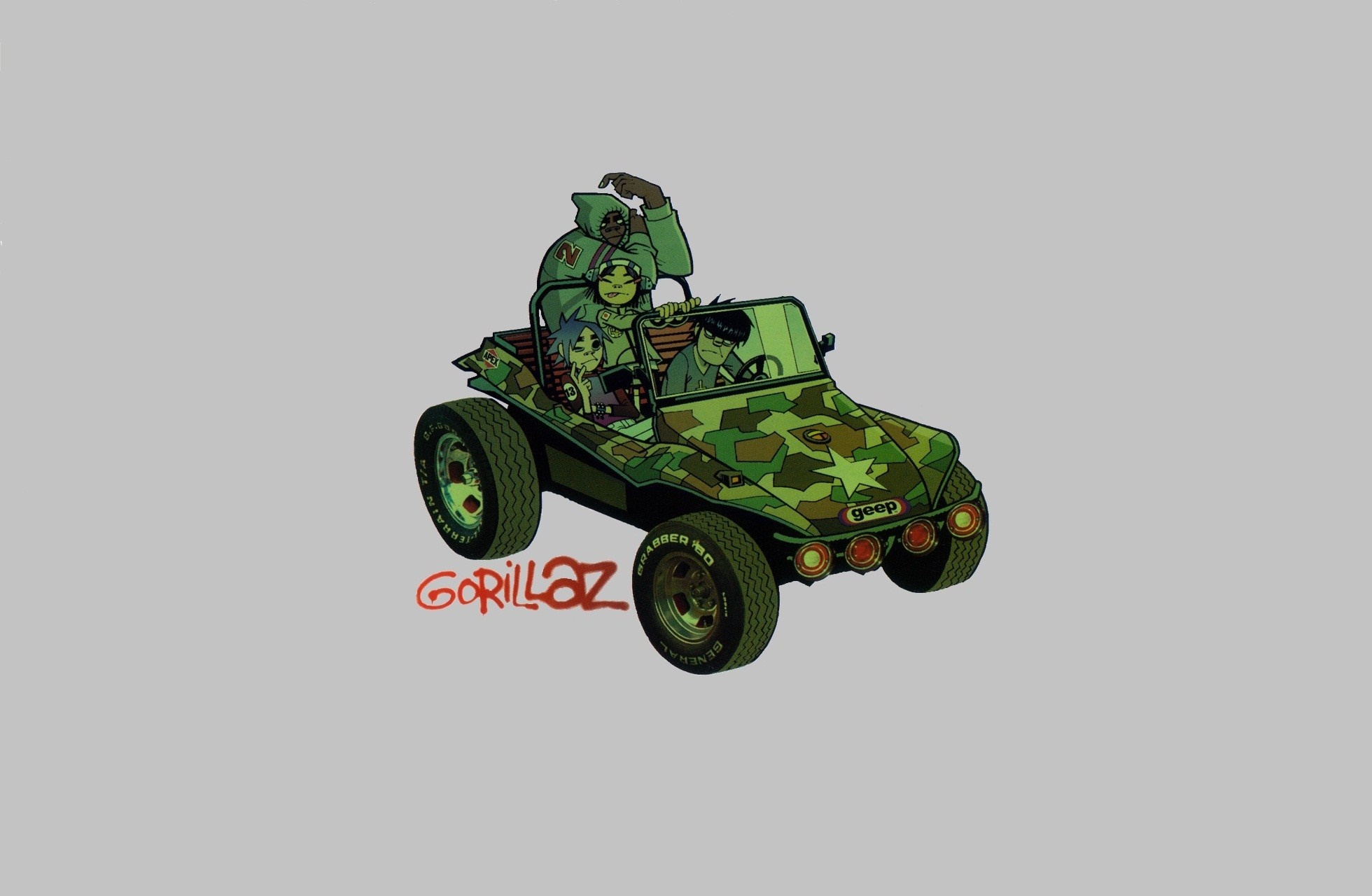 Gorillaz characters in a camouflage buggy HD Wallpaper