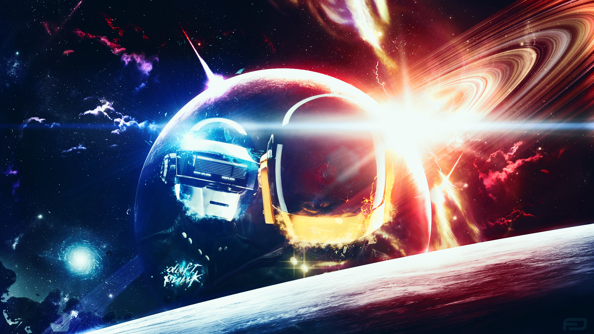 Daft Punk in Space with Planets and Rings HD Wallpaper