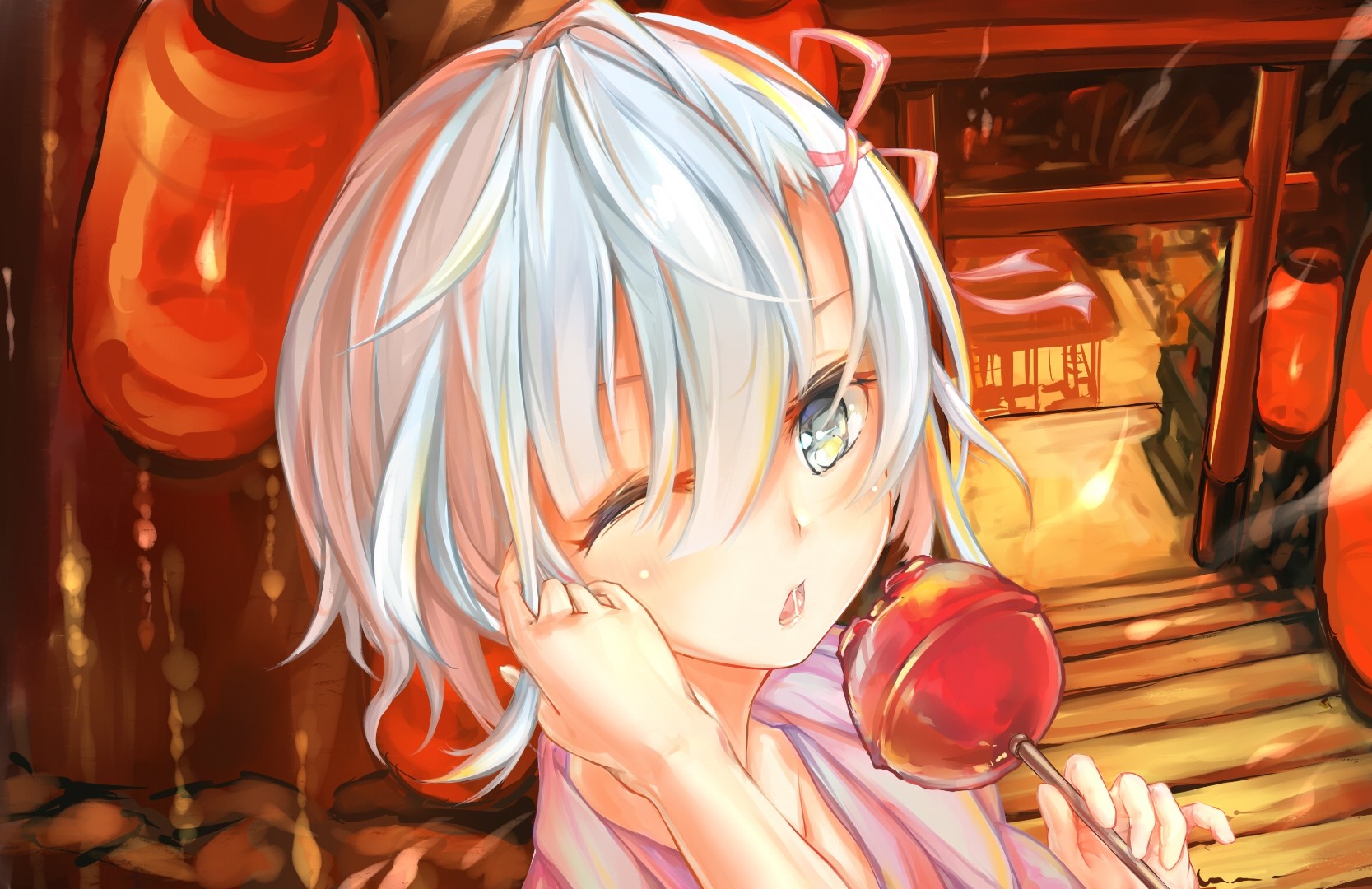 Anime girl with white hair eating candy apple HD Wallpaper