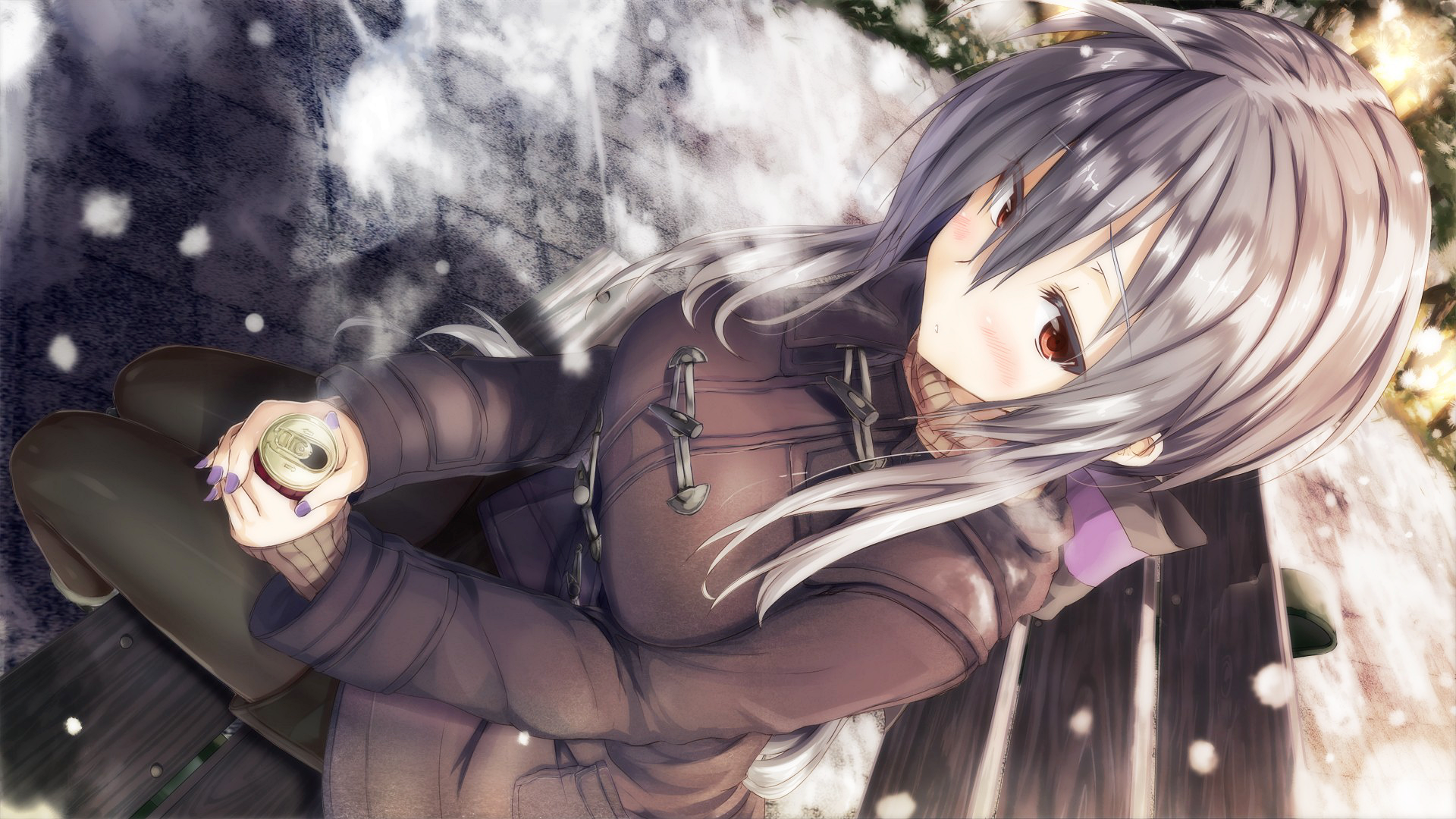 Anime girl with white hair holding a can HD Wallpaper
