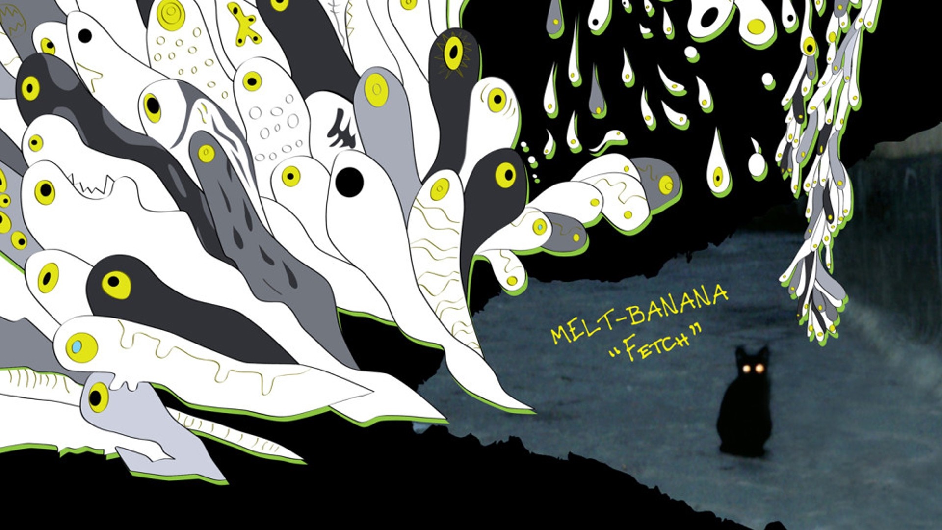 Melt-Banana "Fetch" album art with creatures and cat HD Wallpaper