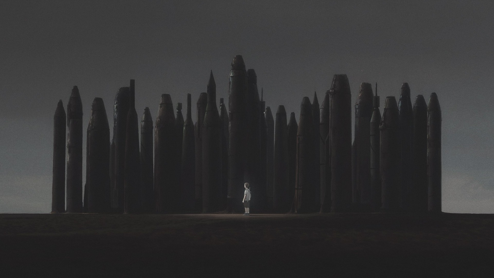 Child standing in a dark forest of stone pillars HD Wallpaper