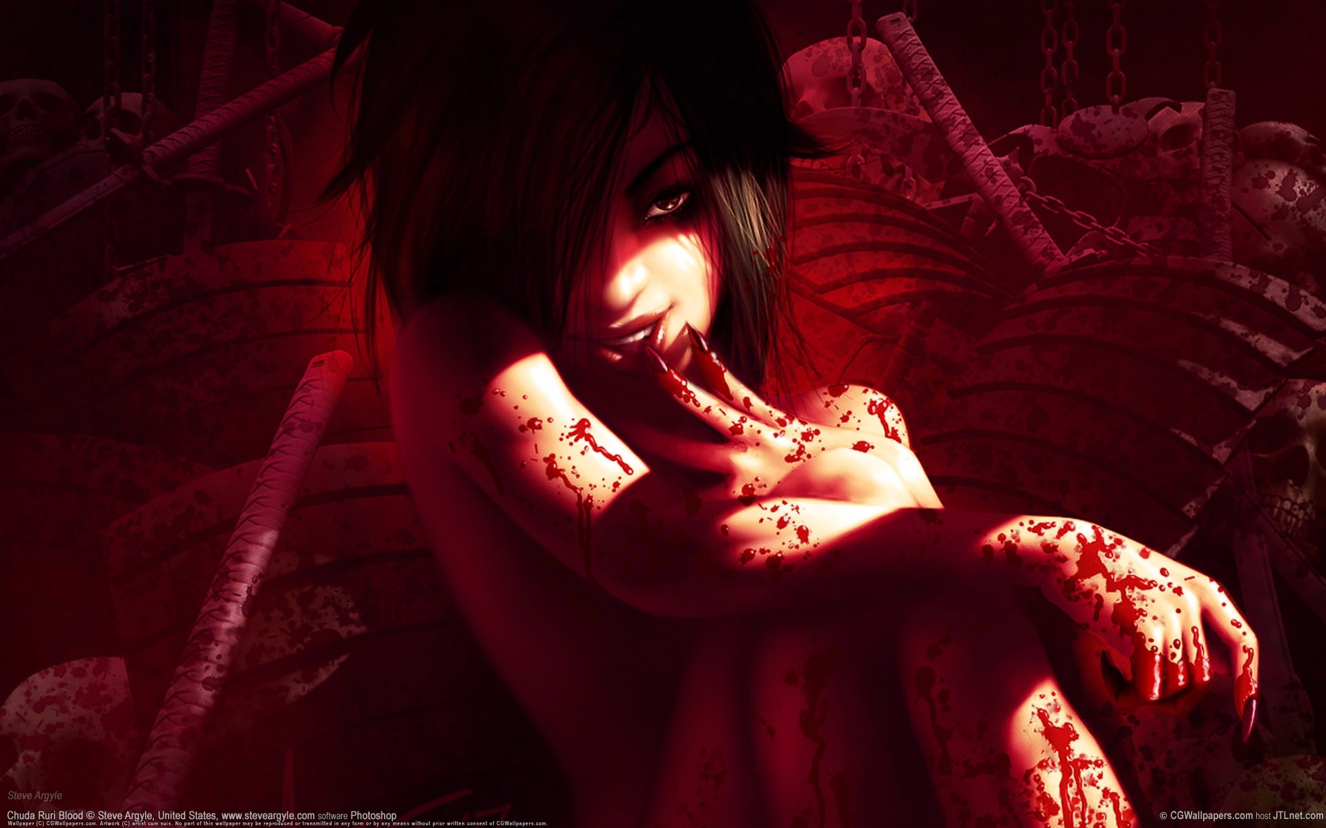 Bloody woman with dark hair and red eyes HD Wallpaper