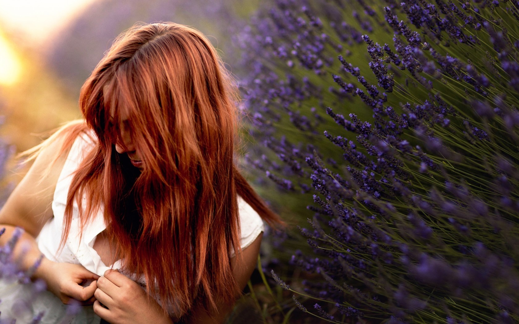 Woman with red hair in a lavender field HD Wallpaper